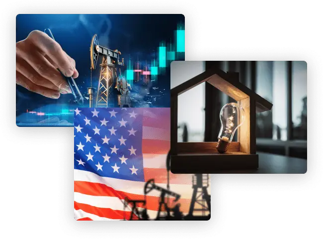 Collage of energy production, an American flag and a home